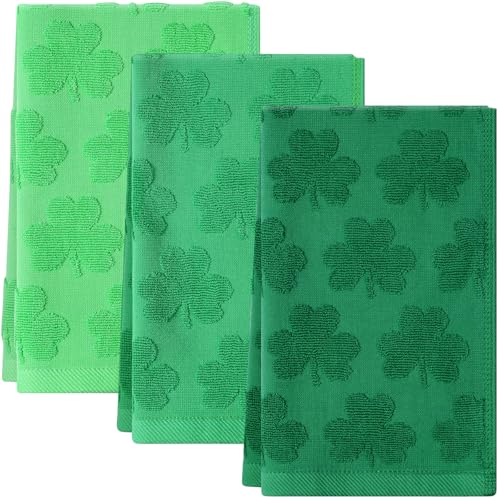 3pcs St. Patrick's Day Hand Towels Green Shamrock 100% Cotton 14 x 29 Inch | Jacquard Irish Clover 100% Cotton Soft Kitchen Decorative Bathroom Towels for St. Patrick's Day Holiday Home Decor Gift - color: Dark Green, size: 3pcs