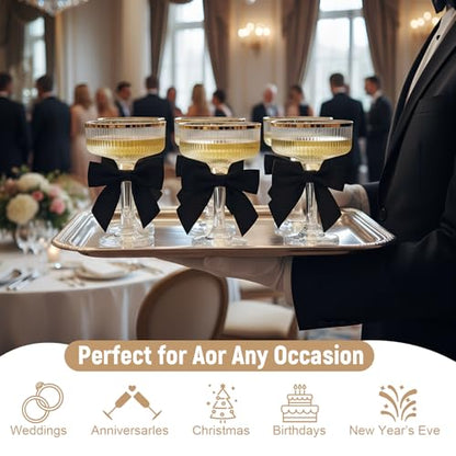 Set of 24 Plastic Champagne Coupe Glasses with Bow 7 oz Gold Champagne Tower Set Stackable Acrylic Ribbed Martini Glasses Cocktail Coupe Cup for Wedding Birthday Party Bar (Ribbon,Black) - color: Black, style: Ribbon