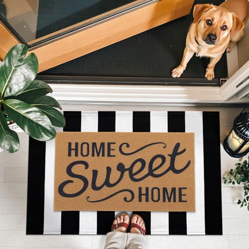 OLANLY Black and White Striped Rug 27.5"x43" and Home Sweet Home Door Mat 30"x17" Bundle, Washable Cotton Layered Front Porch Decor Set for Entryway, Kitchen, Patio Indoor Outdoor