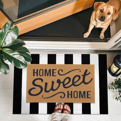 OLANLY Black and White Striped Rug 27.5"x43" and Home Sweet Home Door Mat 30"x17" Bundle, Washable Cotton Layered Front Porch Decor Set for Entryway, Kitchen, Patio Indoor Outdoor