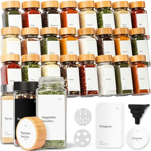 KIVY Spice Jars with Labels [24x 4oz] Glass Seasoning Containers with Airtight Lids for Organization - Empty Square Bottles for Spices & Seasonings with Shaker Lids - Spice Containers Bamboo - size: Bamboo White