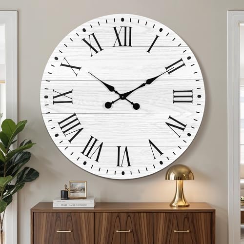 Large Wall Clock with Roman Numeral, 35.5” Shiplap Farmhouse Clock | White Hanging Clock Nearly Non-Ticking, Decorative Round Clock for Living Room Decor, Office, Bedroom, Entrance - color: White