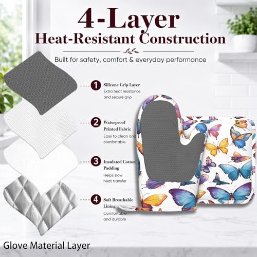 Colorful Butterflies Heat-Resistant Oven Mitts and Pot Holder Kitchen Non-Slip Silicone Cooking Microwave Gloves for Cooking Baking Grilling BBQ - color: Colorful Butterflies