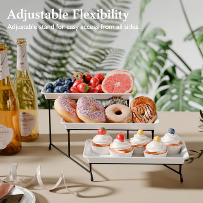Bumusty 3-Tier Melamine Serving Tray Set, 11.5 x 5.6 in, Black Stand | Melamine Reusable Platters with Metal Display Stand for Cupcakes, Desserts, Fruit, Cookies, Parties, Birthdays and Holidays - color: Black, size: 11.8" x 5.7"