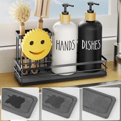 Moforoco Kitchen Dish Soap Dispenser Set, 16OZ Glass Bottle, Hand and Dish Soap Dispenser Set, Instant Dry Tray, Brush Holder with Smiley Face Sponge Holder (Black Tray+Black&White Bottle) - color: Black Tray+black&white Bottle