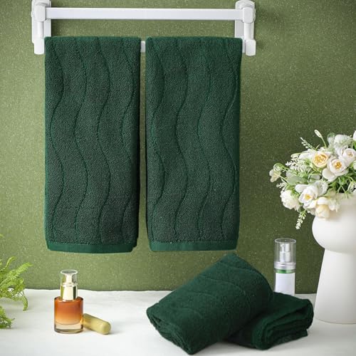 4 Pack Green Hand Towels for Bathroom 100% Cotton Soft Quick to Dry Towel Wavy Striped Jacquard Towels 14x29 Inch Absorbent Boho Bathroom Decor for Kitchen - color: Forest Green
