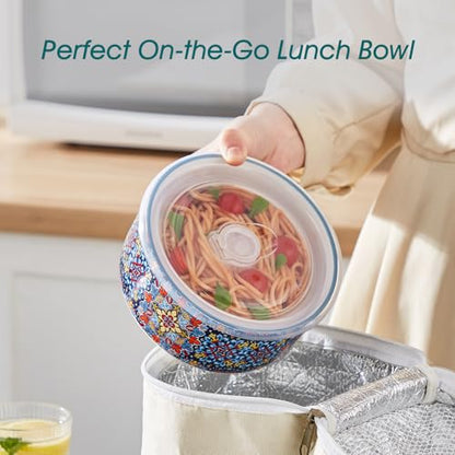 vancasso SIMI 36 oz Ceramic Bowls with Lids Set of 4,Bohemian Serving Bowl | 6 Inch Food Storage Containers Prep Bowls for Leftovers, Soup, Cereal, Meal Prep, Office Lunch, Microwave & Dishwasher Safe - size: 36 OZ (Set of 4)