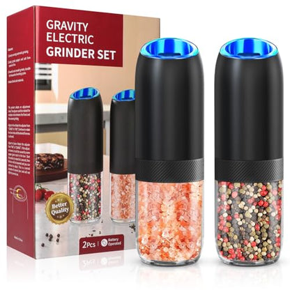 Gravity Electric Salt and Pepper Grinder,BoAn Battery Salt and Pepper Grinder Set,One-Hand Ceramic Larger Chamber Automatic Spice Mill,Adjustable Coarseness with LED Light for Kitchen New Home Gifts