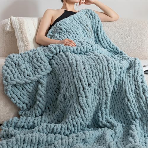 Chunky Knit Blanket Throw for Couch 50"×60" Turquoise | 100% Handmade Knitted Throw Blanket Fluffy Soft Blanket with Jumbo Chenille Yarn Thick - color: Turquoise, size: 50"*60"