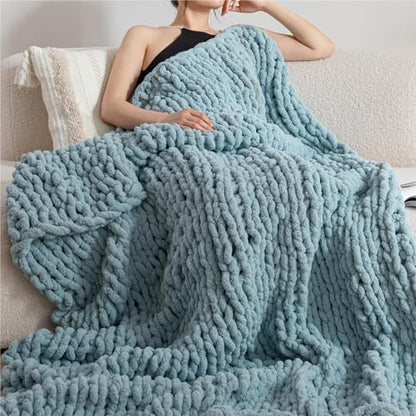 Chunky Knit Blanket Throw for Couch 50"×60" Turquoise | 100% Handmade Knitted Throw Blanket Fluffy Soft Blanket with Jumbo Chenille Yarn Thick - color: Turquoise, size: 50"*60"