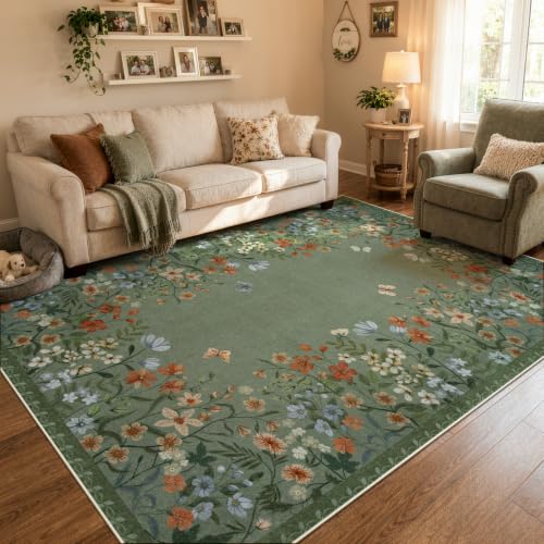 Wonnitar 8x10 Washable Area Rug, Green Floral Rug for Living Room, Boho Botanical Large Carpet for Bedroom, Non Slip Soft Nursery Rug, Cottagecore Dining Room Decor (8x10 Green) - color: Green, size: 8' x 10' (Rectangular)