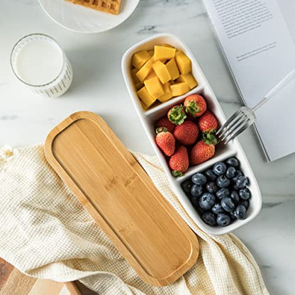Miamolo Condiment Bowls Divided Serving Tray, Chip and Dip Bowl for Party | Ceramic 10-inch, 3 Compartment Tray + Wood Base | for Snacks Appetizer Charcuterie, Microwave Oven Safe, Hosting Essentials - size: Medium-10 inches