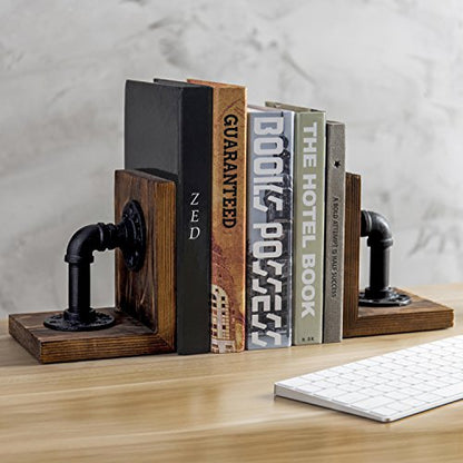 MyGift Rustic Wood Decorative Bookends with Industrial Pipe Design | Realistic Pipe Detail, Stable Support, Rustic Styling, Home Office Accent, Father’s Day Gift, Unique Shelf Display