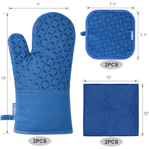 KEGOUU Oven Mitts and Pot Holders 6pcs Set, Kitchen Oven Glove High Heat Resistant 500 Degree Extra Long Oven Mitts and Potholder with Non-Slip Silicone Surface for Cooking (Royal Blue) - color: Royal Blue