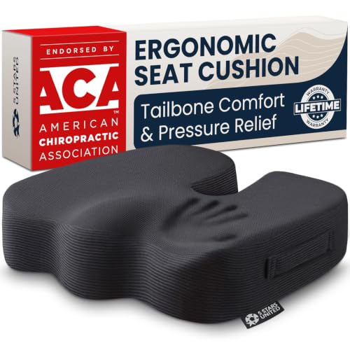 5 STARS UNITED Seat Cushion - Memory Foam Chair Pad for Tailbone Pain Relief - Ergonomic Support for Coccyx, Sciatica & Butt - Office, Desk & Gaming Chair, Car Seat, Wheelchair, Airplane, Black - color: Black, size: X-Large