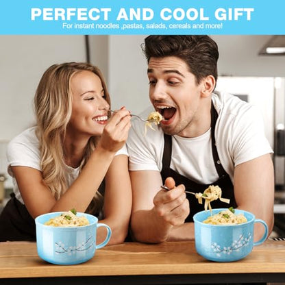 2 Pcs 30 oz Ceramic Soup Bowl with Lid and Handle Snow Flake Blossoms Cherry Pattern Microwave Soup Mug Instant Noodles Cup,2 Sets Stainless Utensils Fork Spoon Chopsticks with Case(Blue) - color: Blue