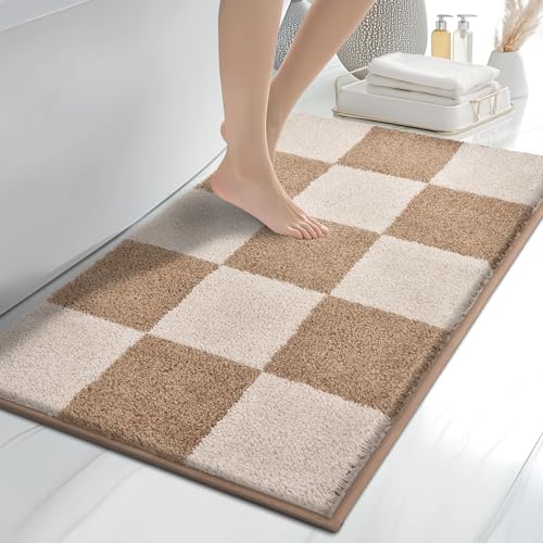 Bathroom Rugs, 24" x 36" Soft Bath Rugs, Checkered Beige & Grayish Brown | Non-Slip, Super Absorbent, Machine Washable, Quick Dry, Bath Mats for Shower and Bathtub, TPR Backing - color: Checkered-beige & Grayish Brown, size: 24" X 36"