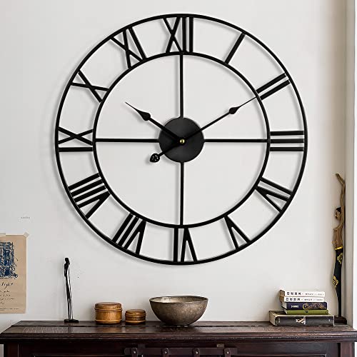 1st owned Large Wall Clock, Metal Retro Roman Numeral Clock, Modern Round Silent Wall Clocks, Easy to Read for Living Room/Home/Kitchen/Bedroom/Office/School Decor (Black, 32 Inch) - color: Black, size: 32 Inch