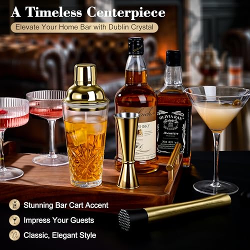 Glass Cocktail Shaker Set with Gold Lid,Cocktail Shaker Glass Kit with Built-in Strainer, Jigger, Bar Spoon & Muddler, Leakproof Glass Shaker for Home Bar, Cocktails, Martini, Gift(4-Piece)