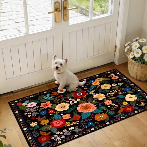 Floral Washable 2x4 Area Rugs Runner Entryway Hallway Black | Flower Carpet, Print, Boho, Non-Slip, Easy to Clean, Low Pile, Soft, for Living Room Bedroom Kitchen Office Entrance - color: Black, size: 2' x 4' (Runner)