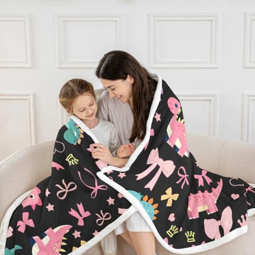Cute Dino Kids Fleece Blanket,Kawaii Bowknot Heart Princess Style Throw Blanket for Adult,Pink Black Dinosaur Cartoon Animal Lightweight Polyester Sofa Sherpa Blanket, Queen (90 x 90 Inch) - color: 01 Black Pink, size: Queen