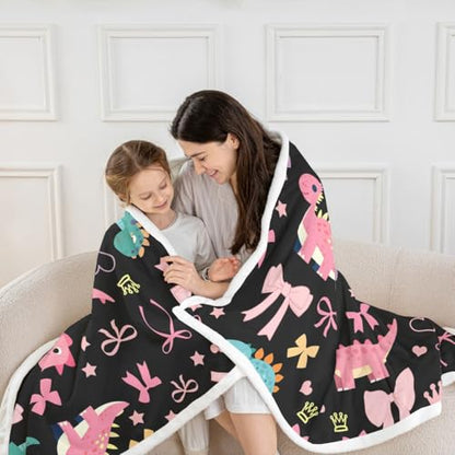 Cute Dino Kids Fleece Blanket,Kawaii Bowknot Heart Princess Style Throw Blanket for Adult,Pink Black Dinosaur Cartoon Animal Lightweight Polyester Sofa Sherpa Blanket, Queen (90 x 90 Inch) - color: 01 Black Pink, size: Queen