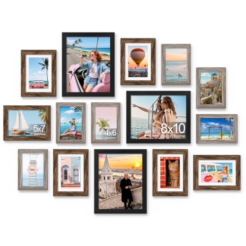 decorUhome 15 Pack Assorted Picture Frame Set for Wall & Tabletop, PF15MTC | Black / Brown / Dark Grey, Includes Three 8x10 / Six 5x7 / Six 4x6 Multi Size, MDF Frame with Plexiglass Cover - color: Black, Brown and Dark Grey