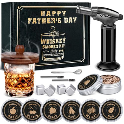 Whiskey Smoker Kit with Torch- 6 Wood Chip Flavors, 4 stainless steel ice cubes - Cocktail Smoker Infuser Kit for Bourbon & Old Fashioned, Birthday Whiskey Gifts for Men, Dad(No Butane, No Glass)