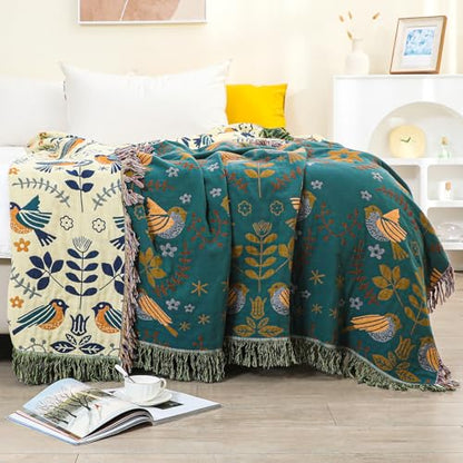 Boho Throw Blanket for Bed Couch 100% Cotton Woven Bed Throws for All Season Lightweight and Soft Cozy Farmhouse Reversible Muslin Decorative Blanket for Travel Picnic, Teal/Cream, 60''x80'' | 4-Layer Breathable Muslin Blanket,100% Organic Cotton Soft Lig