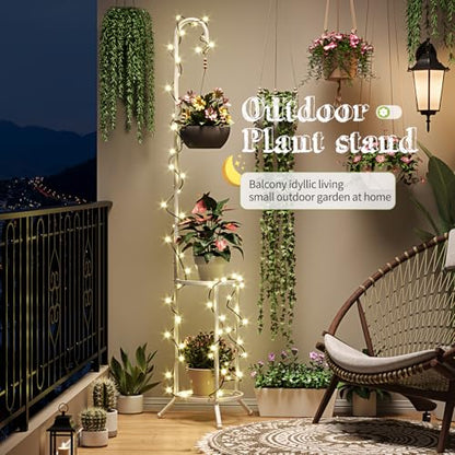 BMOSU Plant Stand with Hooks Indoor Outdoor Corner Tall Plant Stand Heavy-Duty Metal 3-Tier Plant Shelf Holder Rack for Patio Garden Balcony Living Room Bedroom(semicircular White)