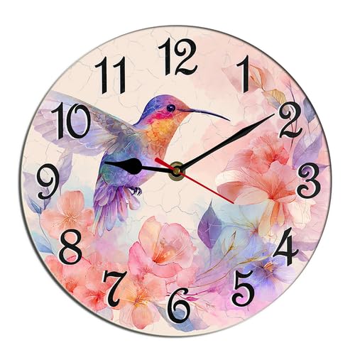 Hummingbird Spring Wall Clock Spring Floral Wooden Thanksgiving Silent Non Ticking Battery Operated Wood Clock for Bedroom Bathroom Living Room Office School Kitchen Round 10" - color: A-9, size: Round 10inch