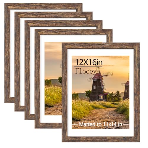 12x16 Picture Frame 5 Pack, Rustic Brown Photo Frame, Display Pictures 11x14 with Mat or 12x16 without Mat for Horizontal or Vertical Wall Mounting, Wall Gallery Frame for Artwork Certificate - color: Rustic Brown, size: 12x16-5PACK
