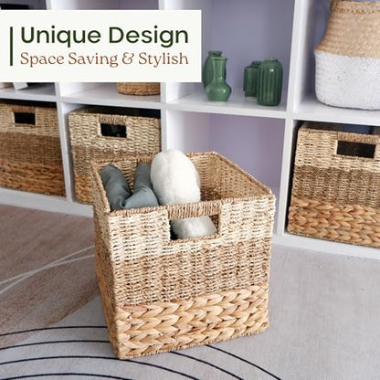 11x11 Wicker Storage Cubes Storage Baskets For Shelves Set 4 | 10.5 x 10.5 Water Hyacinth Storage Baskets Woven With Seagrass, Palm Leaf. Foldable Square Baskets With Carry Handles - size: 10.5x10.5x10.5