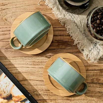 LUKA 6 Ounce Porcelain Stackable Espresso Cups with Saucers and Metal Stand Set of 4, Ceramic Cappuccino Cups Set for Specialty Coffee Drinks, Latte, Cafe Mocha and Tea, Wild Sage Earth - color: Wild Sage Earth