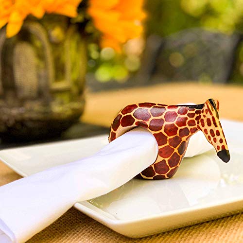 KWF012_G - Giraffe Wooden Napkin Rings - Handcarved Mahogany, Set of 6 - color: Giraffe