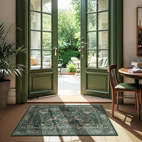 2x3 Washable Area Rug Non-Slip Entryway Rug Indoor Mat Green Blue | Soft Low-Pile Throw Rug,Vintage Distressed Botanical Birds Rug,Stain-Resistant Carpet for Kitchen Bathroom Bedroom Entrance - color: Dark Green (Larger Pattern), size: 2' x 3' (Rectangula