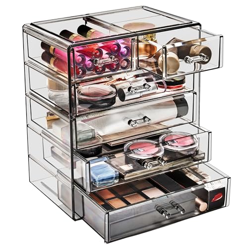 Sorbus Acrylic Makeup Organizer Set, 6-Drawer Vanity & Countertop Cosmetic Storage with Small & Wide Drawers, Black Jewel Makeup Storage for Brushes, Lipsticks, Jewelry, Holiday Gift for Women & Teens - color: Black Jewel, style: 4 Large, 2 Small Drawers