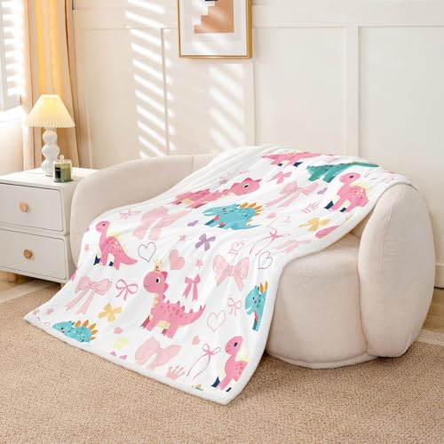 Cute Dino Kids Fleece Blanket,Kawaii Bowknot Heart Princess Style Throw Blanket for Adult,Pink Blue Dinosaur Cartoon Animal Lightweight Polyester Sofa Sherpa Blanket, Queen (90 x 90 Inch) - color: 01 White Pink, size: Queen