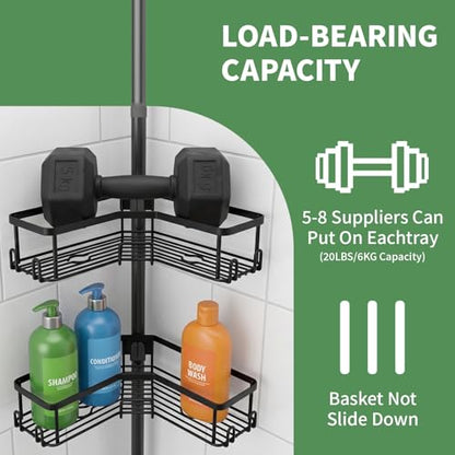 LEEDA Corner Shower Caddy Tension Pole, 4-Tier Adjustable Floor to Ceiling Bathroom Organizer， No-Drill Stand Storage Rack with Soap/Toothbrush Holder for Renters - 34-125 In Black
