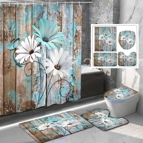 JAWO 4 Piece Teal Daisy Flower on Rustic Wooden Plank Country Style Shower Curtain Sets with Non-Slip Rugs, Toilet Lid Cover and Bath Mat, Shower Curtain with 12 Hooks - color: Teal-01, size: 5'10" x 5'10" (Rectangular)
