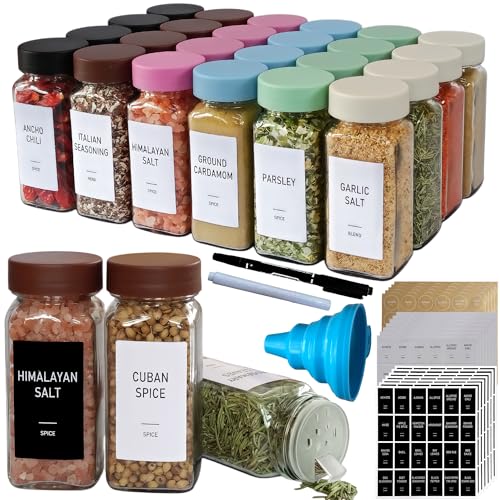 Spice Jars with Labels - 24 Glass Spice with Shaker Lids & Airtight Plastic Caps - 4oz Complete Seasoning Containers Organizer Set for Cabinet, Drawer & Rack (Brown) - color: Brown