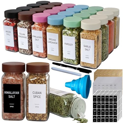 Spice Jars with Labels - 24 Glass Spice with Shaker Lids & Airtight Plastic Caps - 4oz Complete Seasoning Containers Organizer Set for Cabinet, Drawer & Rack (Brown) - color: Brown