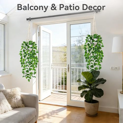USLAI Fake Hanging Plant, Artificial Pothos Vines Greenery with Pot and Macrame Plant Hanger for Indoor Outdoor Boho Decor - size: 1 Pack