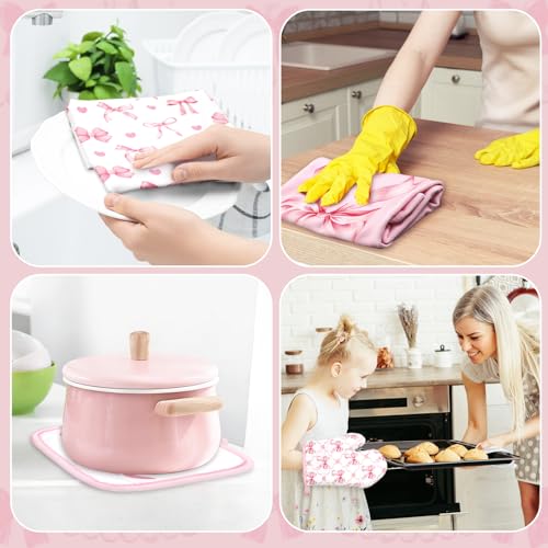 JarThenaAMCS 10Pcs Pink Bow Kitchen Dish Towels Rugs Oven Mitts and Pot Holders Set Farmhouse Kitchen Decor Set for Women Mom Daughter Gift Cooking Baking Home Housewarming Party Favors Supplies