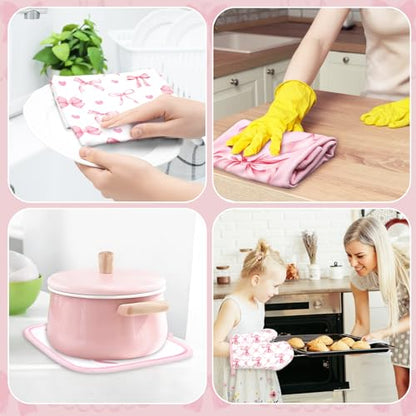 JarThenaAMCS 10Pcs Pink Bow Kitchen Dish Towels Rugs Oven Mitts and Pot Holders Set Farmhouse Kitchen Decor Set for Women Mom Daughter Gift Cooking Baking Home Housewarming Party Favors Supplies