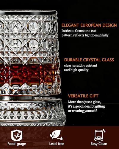 CEEFU 360° Spinning Whiskey Glasses Set with Gift Box, Set of 2 | Old Fashioned with Rotating Base - 2 Big Ice Ball Molds - Bourbon, Cocktail, Rocks, Bday Gifts Ideas for Men, Gem Pattern - size: 9.5 oz-Gemstone Pattern