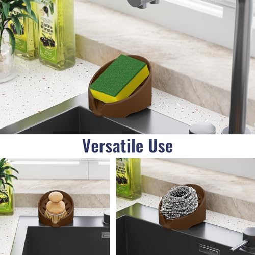 NiHome Silicone Sponge Holder for Kitchen Sink, Fits Scrub Daddy Mommy | Self-Draining Dispenser Organizer Tray, Sink Caddy Countertop Fits Soaps, Scrubber, Dishwasher Safe, Includes Brush - color: Coffee Brown