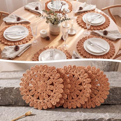 Set of 6 Ruffled Woven Corn Husk Placemats Boho Farmhouse Placemats for Daily Tabletop Decor Elegant Dining Wedding Christmas Thanksgiving Day Holiday Dinner Party Housewarming Gifts - style: Ruffled