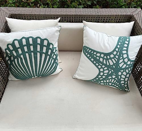 Embroidered Nautical Decor Pillow Cover,Square 18 Inches Decorative Canvas Pillow Cover for Nautical Style Deco by (Seagreen-Starfish-New)