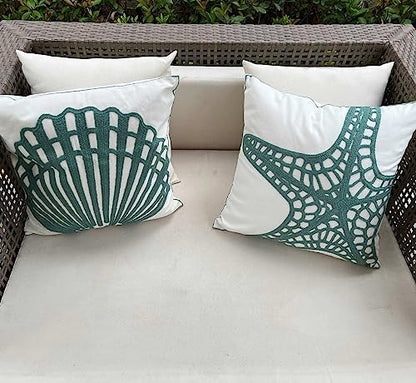 Embroidered Nautical Decor Pillow Cover,Square 18 Inches Decorative Canvas Pillow Cover for Nautical Style Deco by (Seagreen-Starfish-New)
